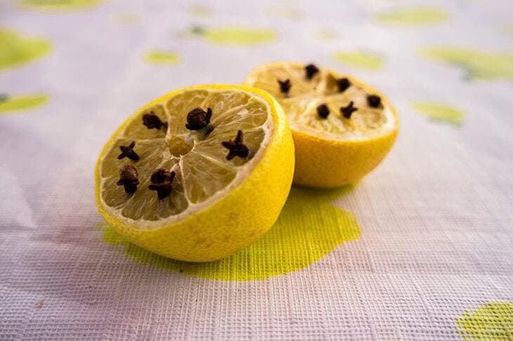 Clous de girofle planté sur un demi-citron 