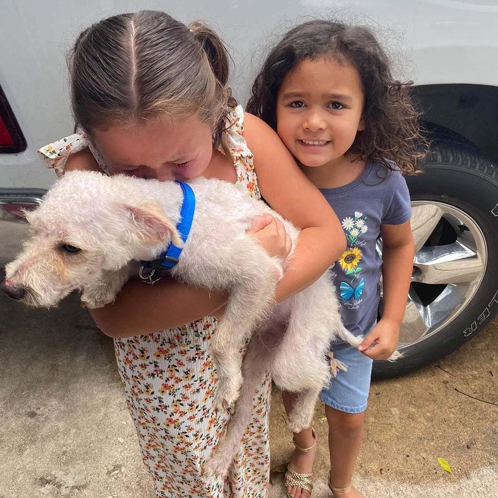 La petite fille émue et tient son chien