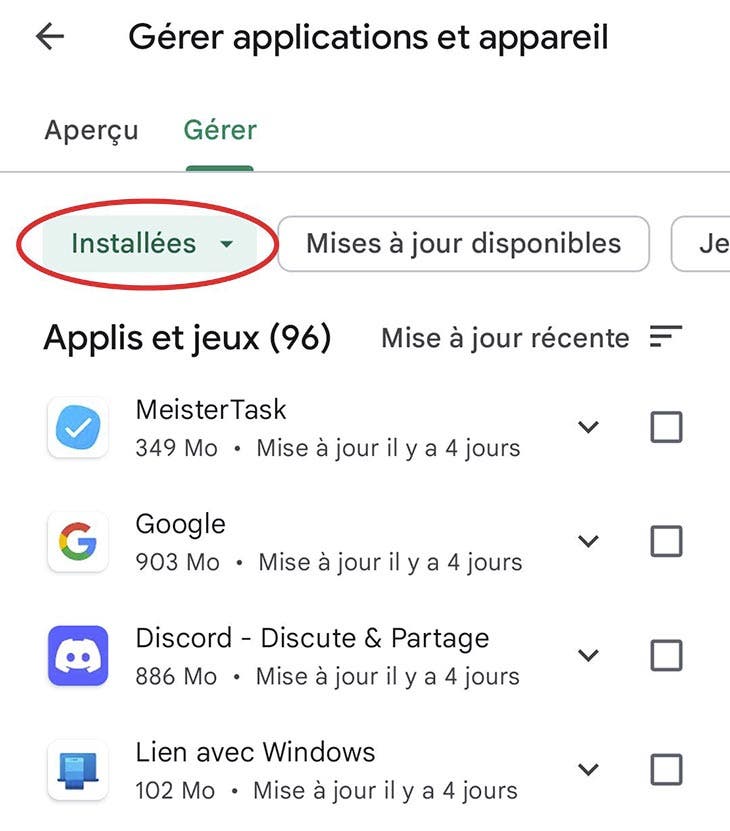 Onglet « applications installées » sur android 