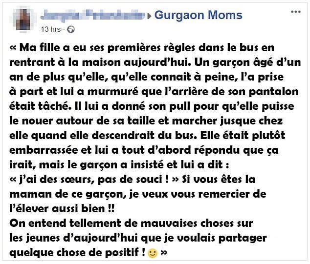 message posté par la mère de la jeune fille sur Facebook