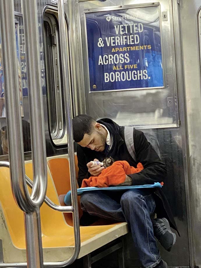 Un homme prend soin d'un petit chaton dans le métro2